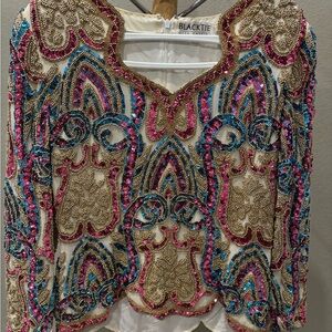 Oleg Cassini Beaded Blouse - Pink, Blue, Gold
